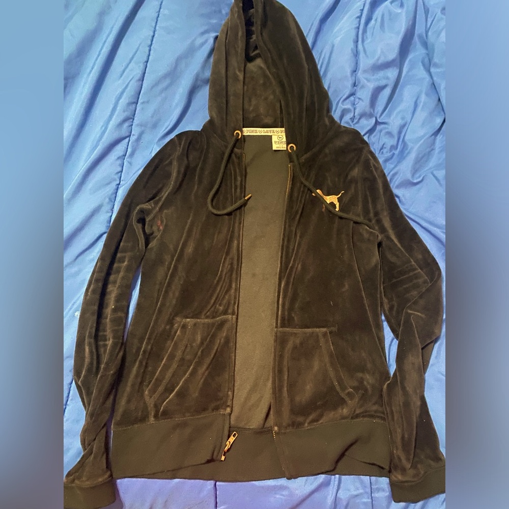 Victoria Secret Pink Velour Zip Hoodie Small Black Y2K